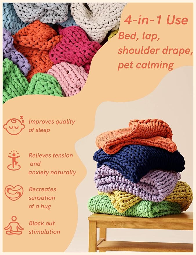 YnM Cooling Weighted Blanket, 100% Cotton Handmade Chunky Knitted Blanket, Weighted Lap, Breathable Heavy Blankets, Machine Washable Throw for Sleep or Home Decor (Navy Blue, 50x60 Inch, 10lbs)