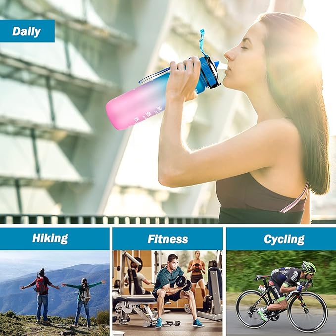 Motivational Water Bottle with Time Marker - 32oz, Leak-proof BPA Free Sports Water Bottles with Straw & Carrying Strap