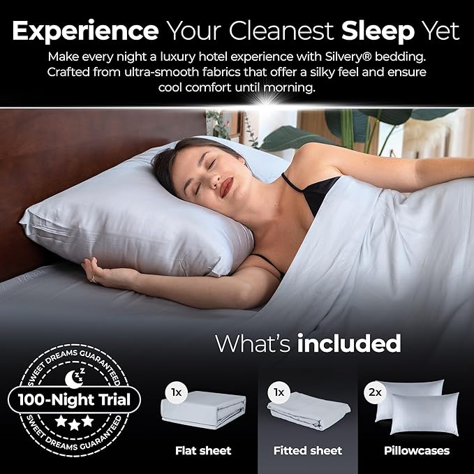 Silvery Silver Infused Bed Sheets Set - Award-Winning Self-Cooling Fabric with Self-Cleaning Silvery Technology™ That Stays Fresh 3X Longer for Hygienic Sleep (Gray, Queen)