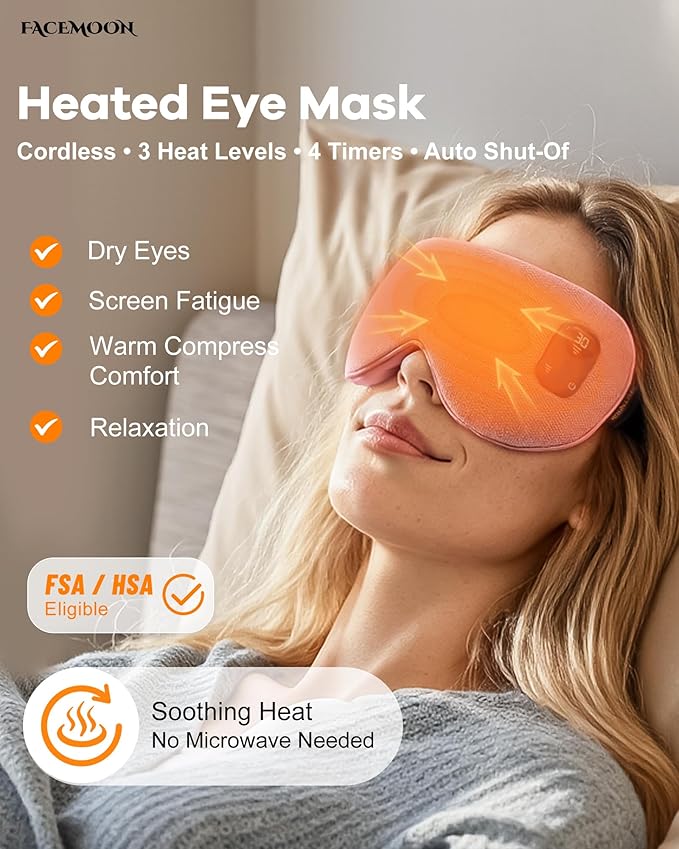FACEMOON Cordless Heated Eye Mask for Stye & Eye Relief - Rechargeable Warm Compress for Dry Eyes, MGD & Blepharitis - Electric Warming Sleep Mask with Natural Flaxseed Moist Heat (Pink)