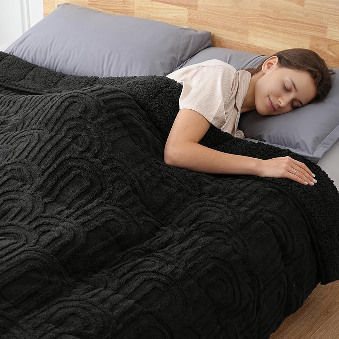 Sherpa Fleece Adult Weighted Blanket Great for Sleep, 20 lbs Dual Sided Soft Fuzzy Heavy Blankets for Couch Bed Sofa, Cozy Warm Fluffy Arched Jacquard Throw for Winter (Black, 60" x 80", 20 Pounds)