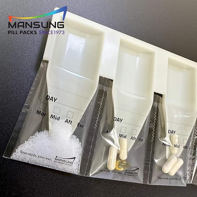 Mansung M 600 Bags/ 4 Times a Day, Heat Seal Pill Bag pouche Pack Sealed for Medicine Funnel Tray Loading AM PM Organizer Dispenser kit Daily Sealing Filler Vitamin sorter envelopes Blister Packs