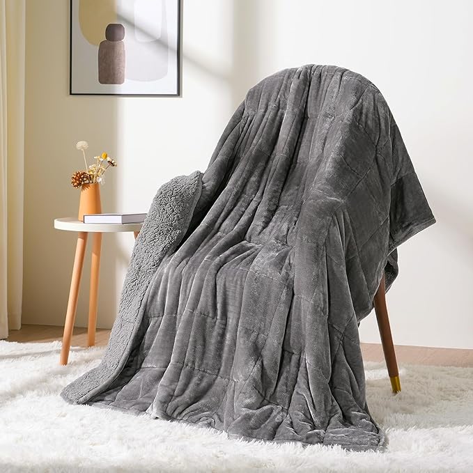 Cottonblue Weighted Blanket 12 lbs Queen Size, Flannel Shaggy Sherpa Weighted Blanket for Adults Comfortable Weighted Blankets for Calming and Relax, Bed Sofa Heavy Blankets, 60x80 inches, Grey