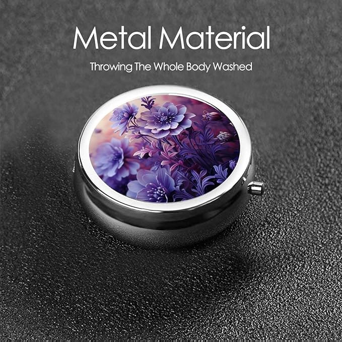 Purple Flower Pattern Print Pill Box 3 Compartment Small Pill Case Portable Pill Box for Pocket Or Purse Cute Medicine Organizer Holder to Hold Vitamins Medication