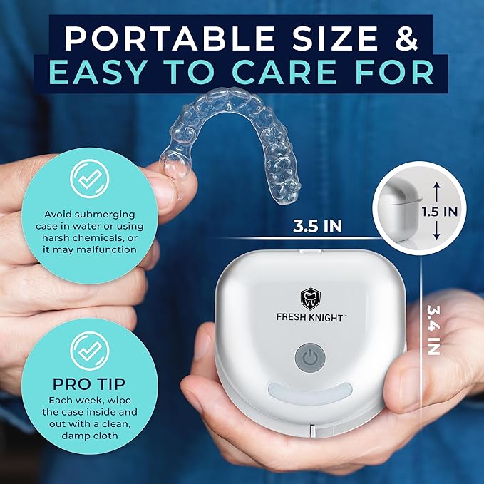 FRESH KNIGHT UVC Retainer Cleaner & Denture Cleaner - UV Retainer Case - Ideal for Invisalign & Mouth Guards - White UV Retainer Container - Convenient Travel Size