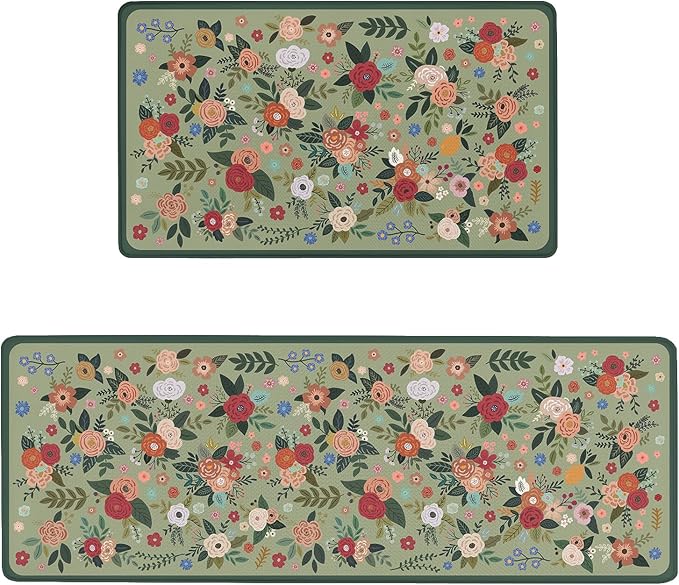 Anti Fatigue Boho Kitchen Rugs Set of 2, Floral Kitchen Mats for Floor, Farmhouse Kitchen Decor, Anti-Slip and Anti-Fatigue Foam Standing Mat,17x30 inch Sink Mat+17x48 inch Runner Rug Green