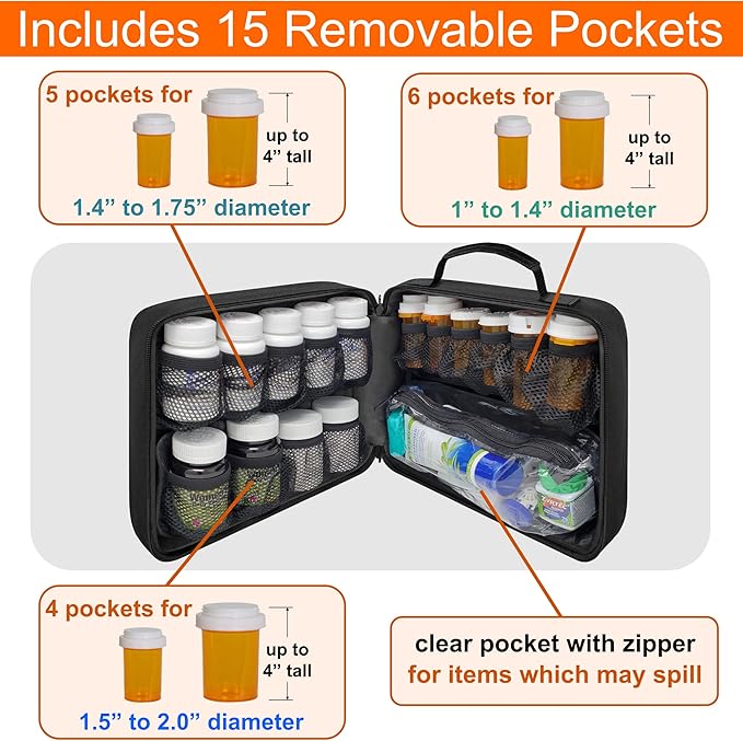 Large Padded Modular Pill Bottle Organizer, Medicine Bag, Case, Carrier for Medications, Vitamins, and Medical Supplies - for Home Storage and Travel - Black (Without Lock)
