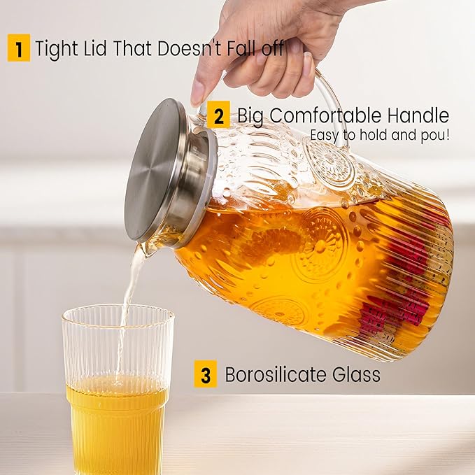 Bandesun Vintage Glass Pitcher with Lid, 128oz/ 1 Gallon Water Pitcher with Handle for Fridge Heat Resistant Borosilicate Water Jug, Carafe for Hot/Cold Coffee, Tea,Beverage 1Pack