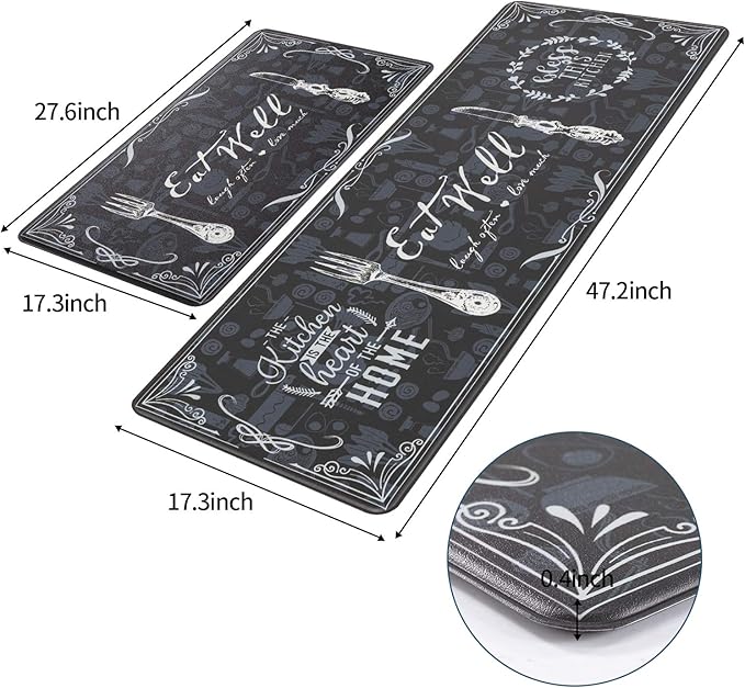 Asrug Kitchen Mats for Floor, Anti Fatigue Comfort Kitchen Standing Desk Mat, Floor Pad Kitchen Rug Waterproof Stain Resistance Non Slip Kitchen Set of 2, 17.3''x27.6''+17.3''x47.2'', Eat Well