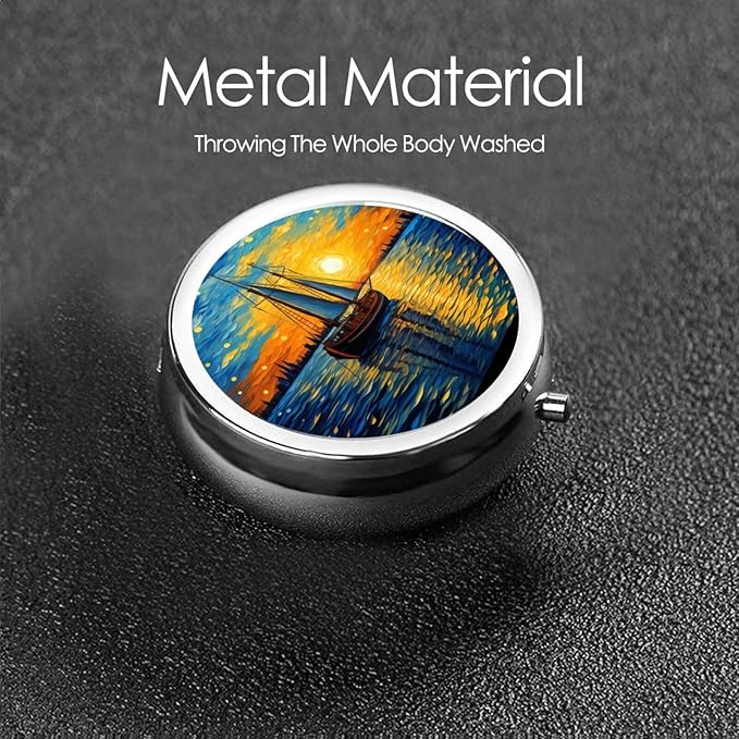 Sunset Sailboat Pill Box 3 Compartment Pill Case, Portable Medicine Pill Organizer for Pocket Purse Pill Box Decorative Metal Medicine Vitamin Organizer