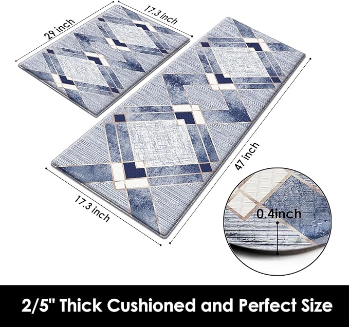 Arttown Blue Anti-Fatigue Kitchen Rug Set of 2 Navy Grey Geometric Gold Line Vintage Cushioned Floor Standing Mat Waterproof Non-Slip Kitchen Mat and PVC Ergonomic Comfort Foam Rug