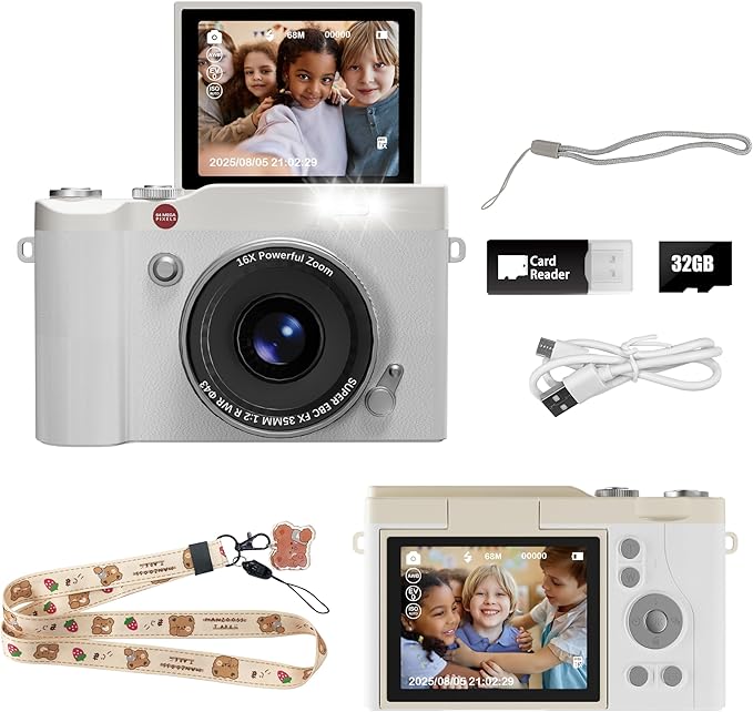 Kids Digital Camera 64MP 1080P 2.4" Flip Screen 32GB SD Card Camera for Kids Girls Toys 3-12 Year Old Girl Gifts