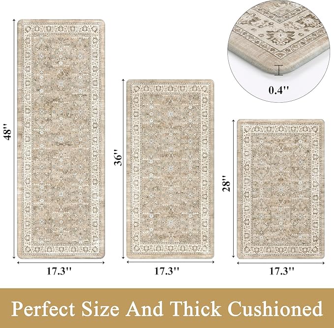 Pauwer Anti Fatigue Kitchen Floor Mats Set of 3, PVC Foam Padded Kitchen Rugs, Non Slip Cushioned Comfort Standing Mat, Waterproof Sink Rug for Small Kitchen Area, Laundry Room, Light Brown