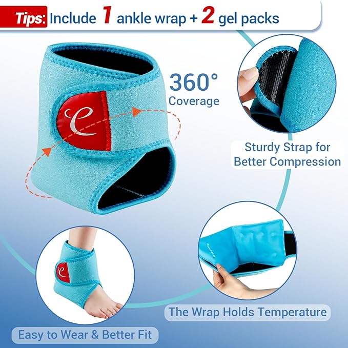 Comfytemp Ankle Ice Pack Wrap Brace for Swelling, Foot Pain Relief, 2 Gel Packs for Injuries Reusable, Hot Cold Compress Therapy for Plantar Fasciitis, Heel Spur, Achilles Tendonitis