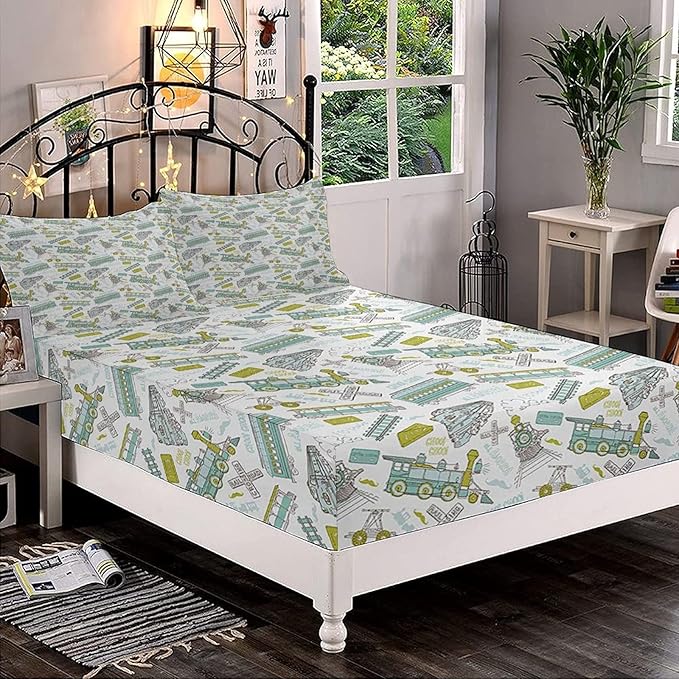 Decorative Fitted Sheet Set Full Size, Steam Engine Deep Pockets Fitted Sheet & 2 Pillow Sham Set, Choo Train Kids Boy Pattern Vintage Printed Microfiber Bedding 3pc Set, for Kids & Adults Bedding