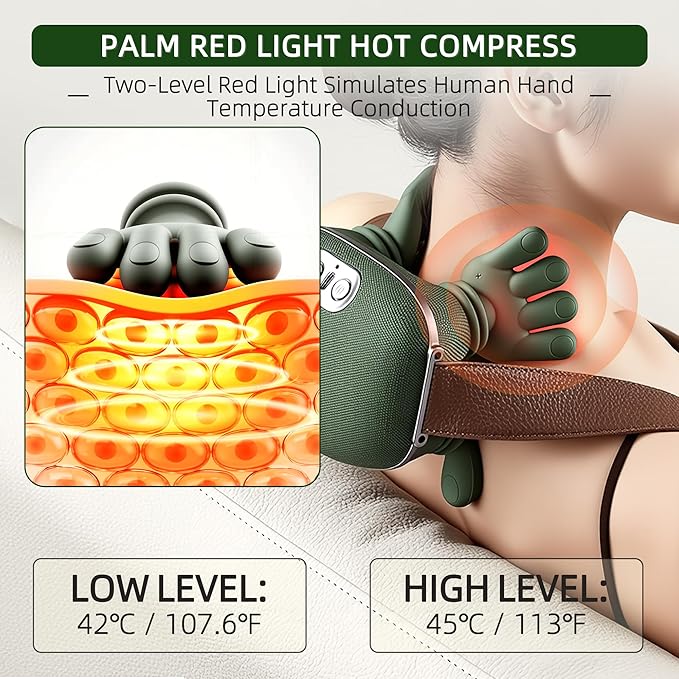 Neck Massager with Heat, Bionic Portable Shiatsu Neck and Back Massager, Electric Shoulder Massagers with Fingers for Pain Relief Deep Tissue, Simulated Human Hand Design 4D Kneading, Green