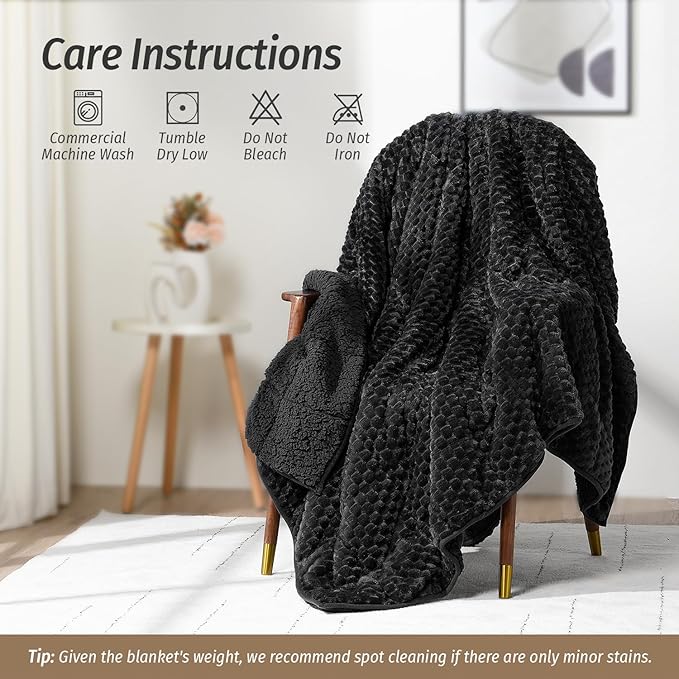 Wemore Fleece Weighted Blanket for Adults (60" x 80" 20lbs, Black), Dual Sided Cozy Soft Sherpa Heavy Blanket, 3D Imitation Turtle Shell Warm Jacquard Flannel Weighted Blankets