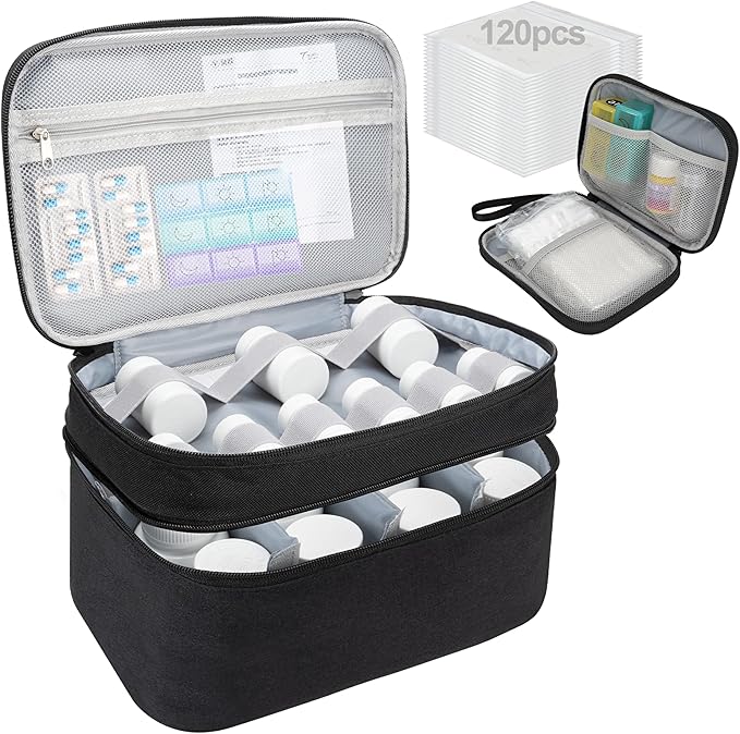 Medicine Organizer Bag, Dual Layers Pill Bottle Organizer Storage Bag with Adjustable Divide, Medication Travel Bag for Pills, Vitamins, Medical Supplies for Home with Pill Carrying Bag&Pill Pouch Bag