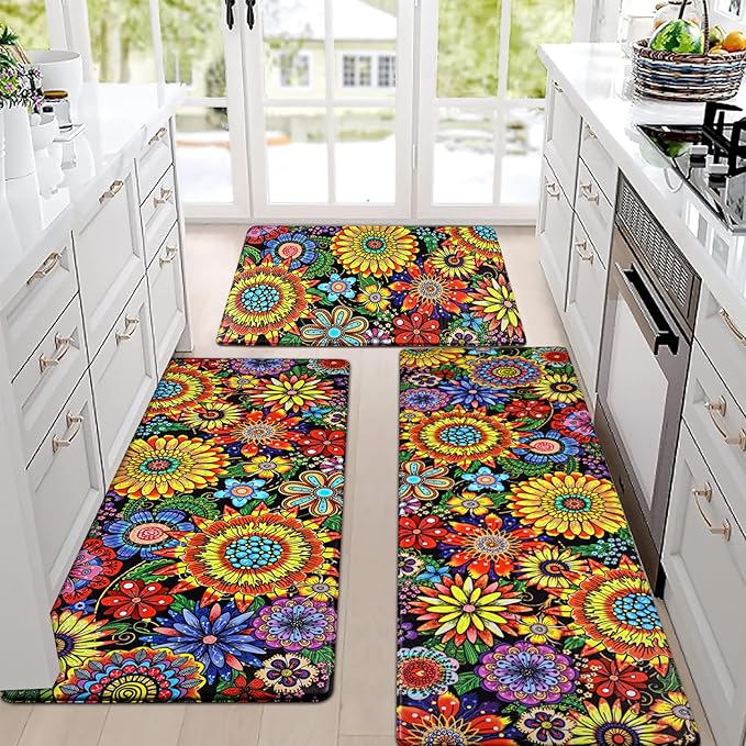 Likiyol Boho Kitchen Rugs, Boho Floral Anti Fatigue Kitchen Mat for Floor, Bohemian Flowers Non Slip Washable Kitchen Floor Mats, Comfort Standing Mat, 18''x30''+18''x48''+18''x60'', Yellow