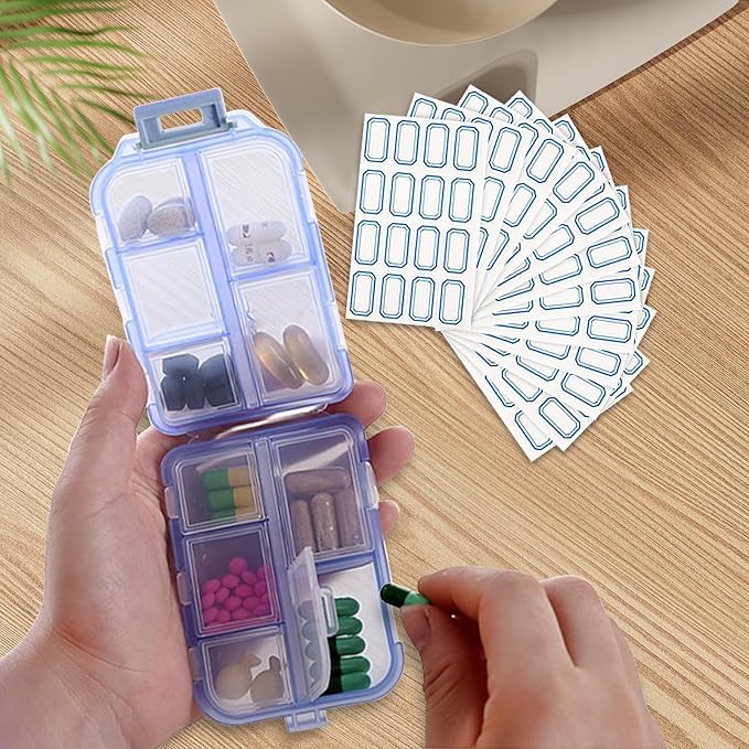 INVODA 12PCS 10-Compartment Pill Organizer BPA-Free Travel Pill Case with Daily Labels Portable Medicine Box for Vitamins, Supplements & Jewelry