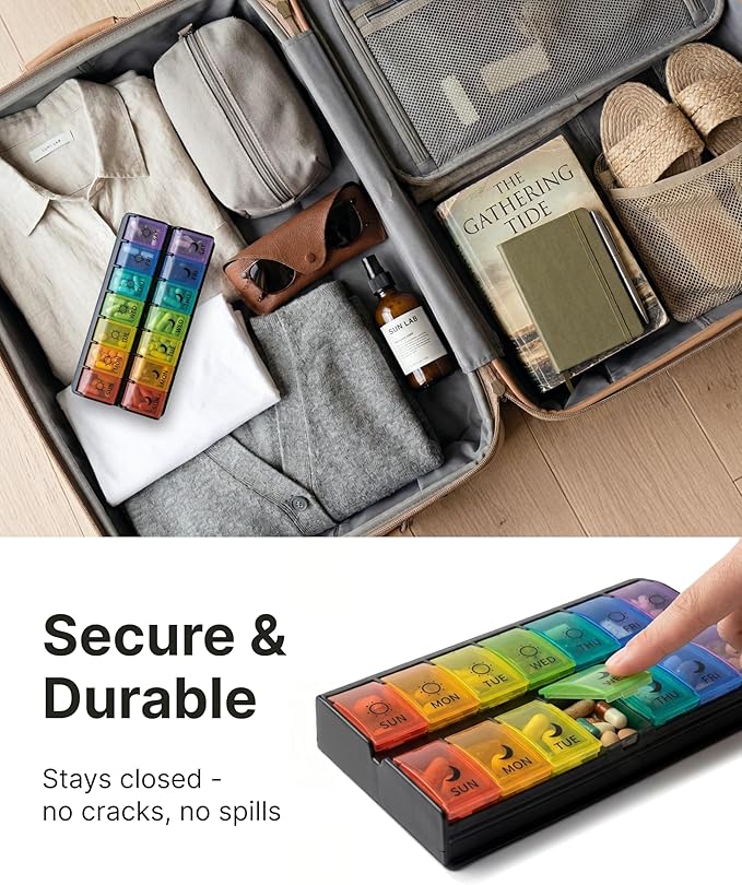 Weekly Pill Organizer 2 Times a Day, AM PM Pillbox 7 Day with Quick-Fill Bottom for Fast Weekly Refills, 14 Large Compartments for Vitamins & Supplements, Color-Coded Morning Night Medicine Case
