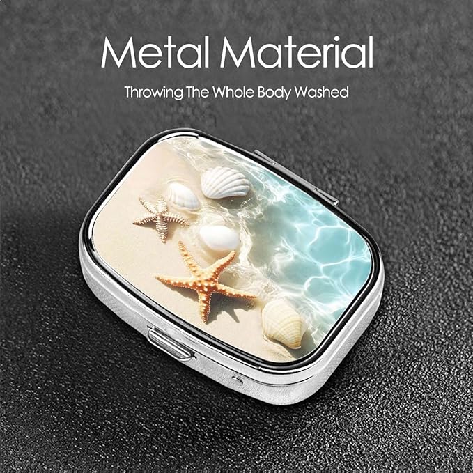 Starfish Beach Seashells Pill Box with Mirror 2 Compartment Metal Square Small Pill Case for Purse or Pocket Portable Pill Container Holder Travel Medicine Organizer for Vitamin Fish Oil Supplement