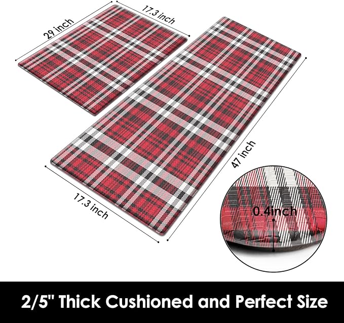 Arttown Red Anti-Fatigue Kitchen Rug Set of 2 Plaid Cushioned Floor Standing Mat Waterproof Non-Slip Mat and PVC Ergonomic Comfort Foam Rug