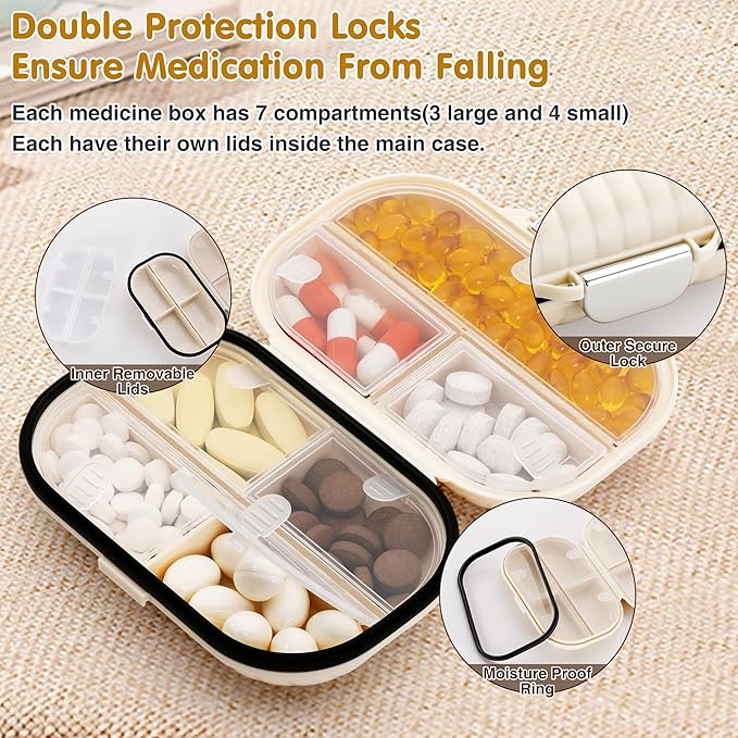[2 Pack] Zannaki Pill Case Portable Small Weekly Travel Pill Organizer, Cute Moisture Proof Pill Box Holder for Purse, Daily Mini Pocket Pharmacy Medicine Container for Vitamin, Fish Oil, Supplement