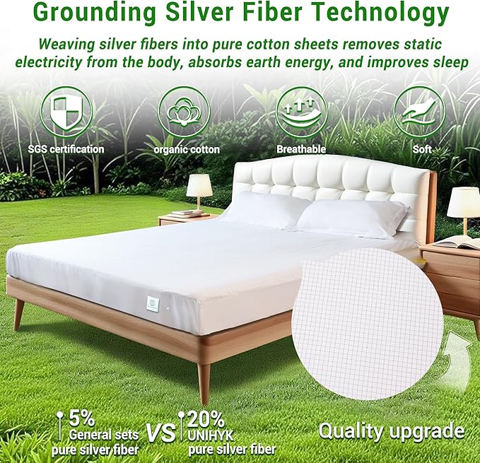 Grounding Sheets King, 80% Organic Cotton + 20% Silver Fiber, Grounding Sheets Can Improve Sleep and Sub-Health, Anti-Static Grounding Well Bed Sheets with 15 ft Gounding Wire(White,76"x80"x13")