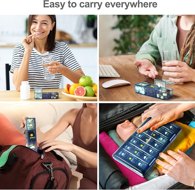 Pill Organizer 3 Times a Day, Daily Pill Box with Morning Noon Night Compartments, Portable Medicine Organizer for Travel, Work & Home (Blue)