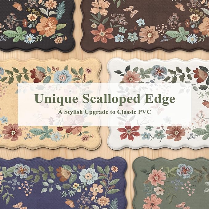 Collive Kitchen Mats for Floor 2PCS, Scalloped Cushioned Anti Fatigue Mat Non Slip Waterproof Kitchens Sink Rug, Vintage Boho Floral Rugs Comfort Standing Mat for Laundry, Desk, Bar, Office, Black