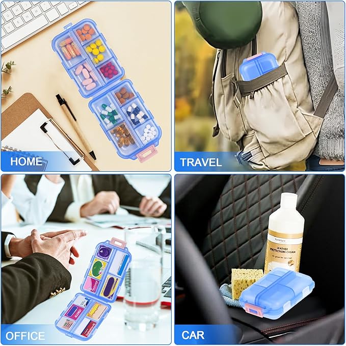 Large Travel Pill Organizer with Medicine Labels, 10 Compartments Travel Pill Box Medicine Organizer Purse Pill Case Daily Pill Container (Blue, 189 Lables)