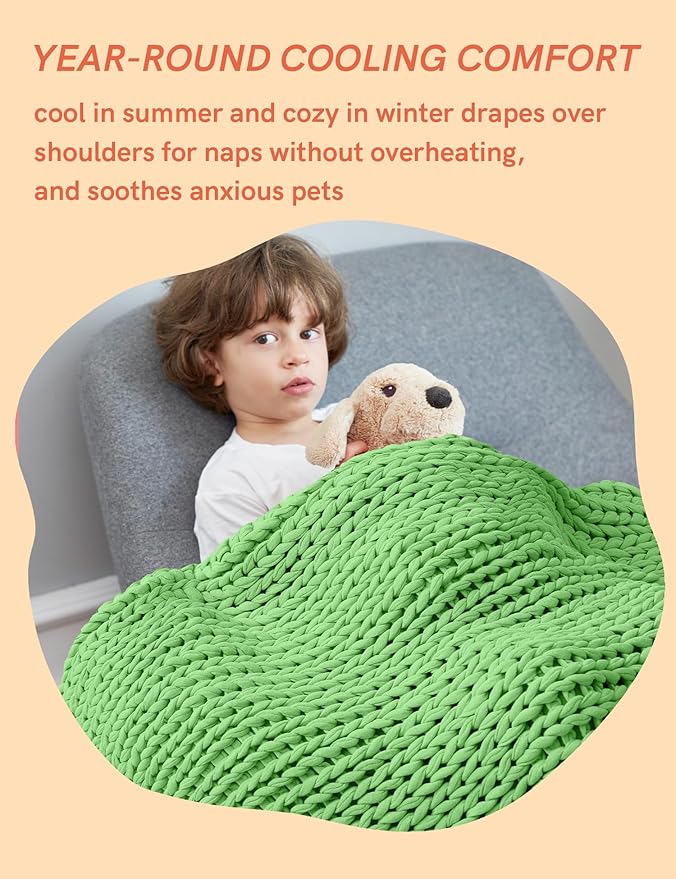 YnM Cooling Weighted Blanket, 100% Cotton Handmade Chunky Knitted Blanket, Weighted Lap, Breathable Heavy Blankets, Machine Washable Throw for Sleep or Home Decor (Green, 50x60 Inch, 10lbs)