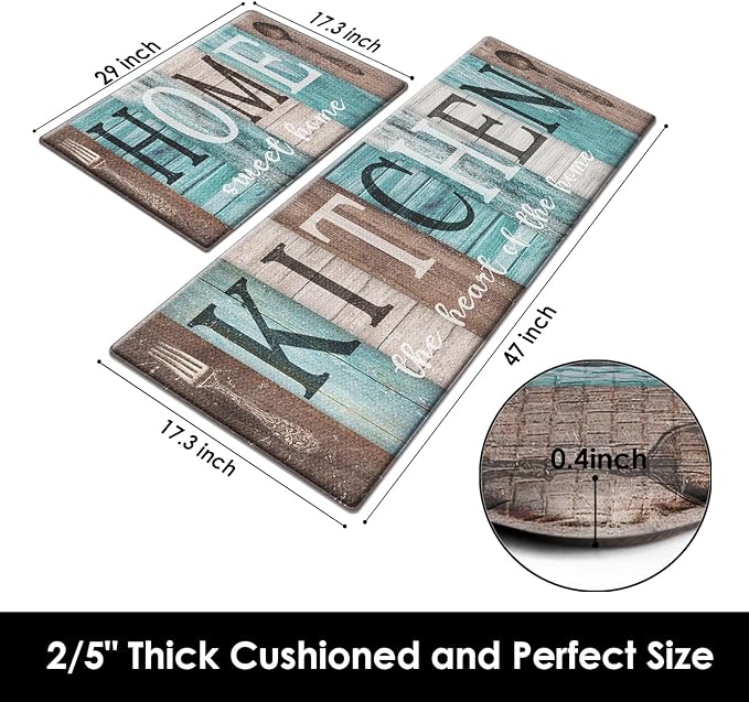 Arttown Farmhouse Anti-Fatigue Kitchen Rug Set of 2 Brown Teal Home Sweet Wood Vintage Cushioned Floor Standing Mat Waterproof Non-Slip Kitchen Mat and PVC Ergonomic Comfort Foam Rug