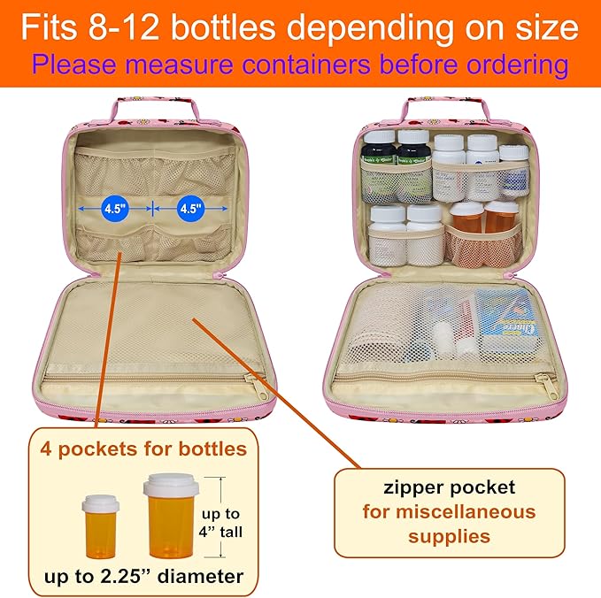 Medium Travel Pill Bottle Organizer, Child Medicine Bag with Zipper Toy, Carrier for Kids Medications and Medical Supplies - Lady Bugs