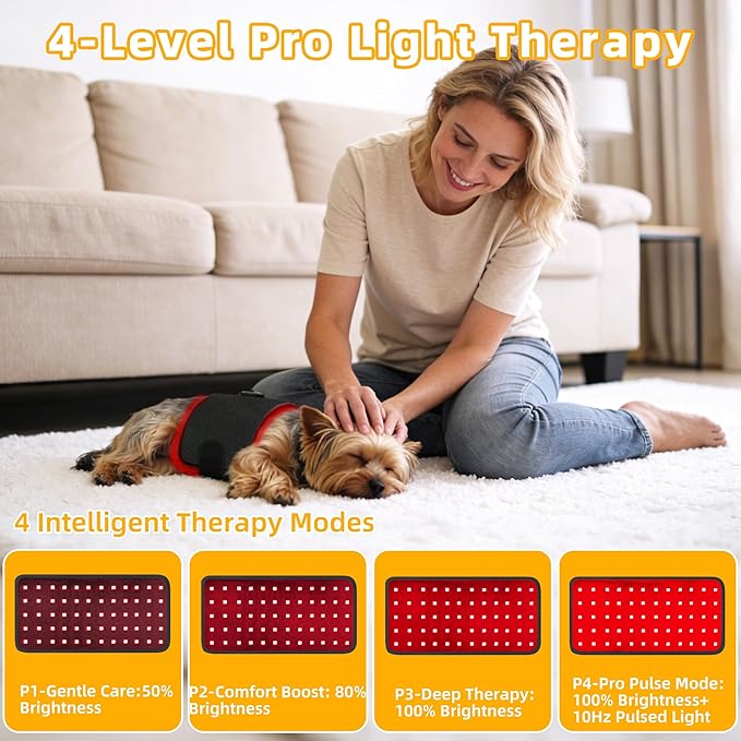Pets Upgraded Red Light Therapy Belt, LED Infrared Therapy with 4 Modes & 4 Adjustable Timer, 60 LEDs, 660nm & 850nm Red Light, LED Screen Pet Muscle Recovery Light for Joint Relief