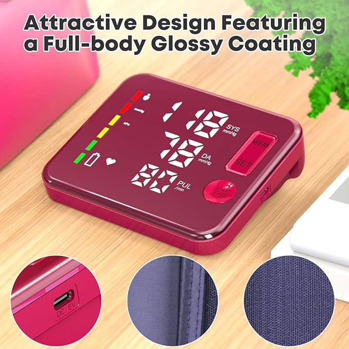 Blood Pressure Monitor Rechargeable Upper Arm Blood Pressure Monitors for Home Use Large Screen Bp Machine with Bp Cuff, 2x120 Memory, Voice Broadcast Bp Monitor(Red)