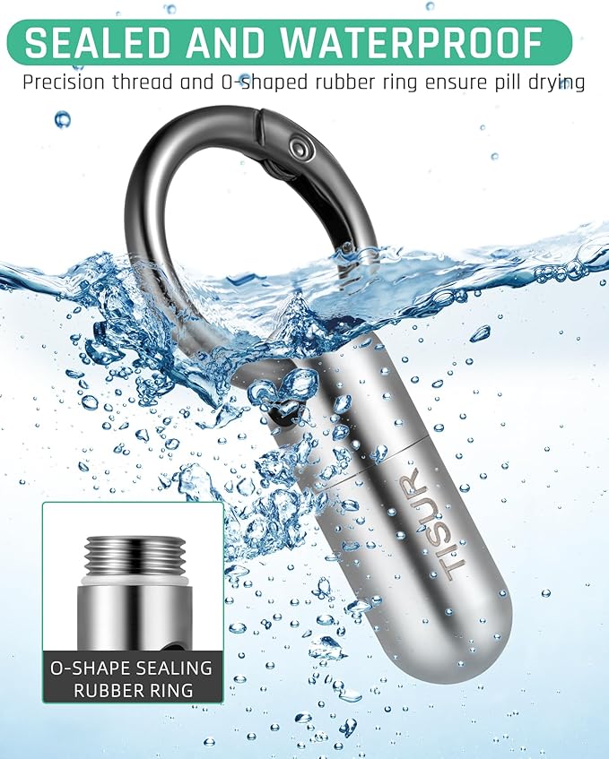 TISUR Micro Keychain Pill Holder, Titanium Pill Case Waterproof Pill Fob for Emergency Aspirin & Nitroglycerin for Travel Purse Pocket