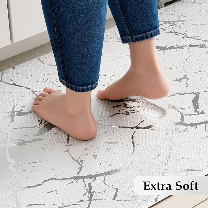 Silver Foil Stamped Marble Kitchen Mats for Floor 2PCS Cushioned Anti Fatigue Non Slip Waterproof Comfort Leather Kitchen Rugs 2/5 Inch PVC Kitchen Mats for Sink, Laundry, 17.3"x28"+17.3"x47",White