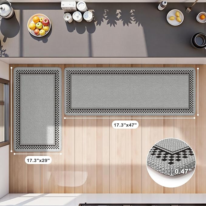 Kitchen Floor Mats Cushioned Anti Fatigue,Kitchen Mats for Floor 2 Piece,Memory Foam Kitchen Rugs Non Slip,Farmhouse Kitchen Rugs for Laundry Bathroom Sink,Grey