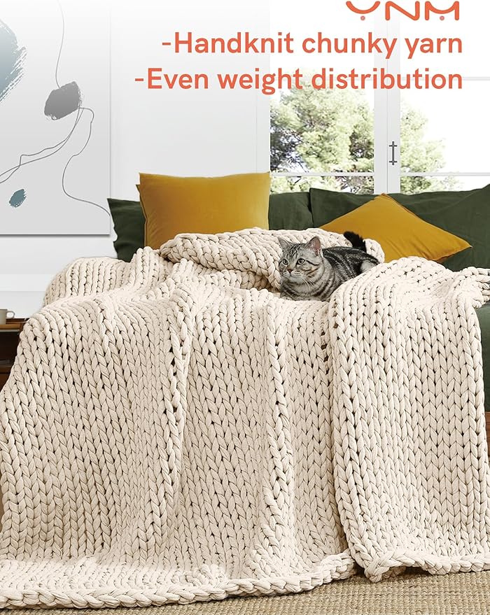 YnM Cotton Weighted Blanket, Handmade Chunky Knitted Design, Soft and Cozy, Temperature Regulating and Breathable, Machine Washable Throw for Sleep or Home Decor (Cream White, 60x80 Inch, 25lbs)