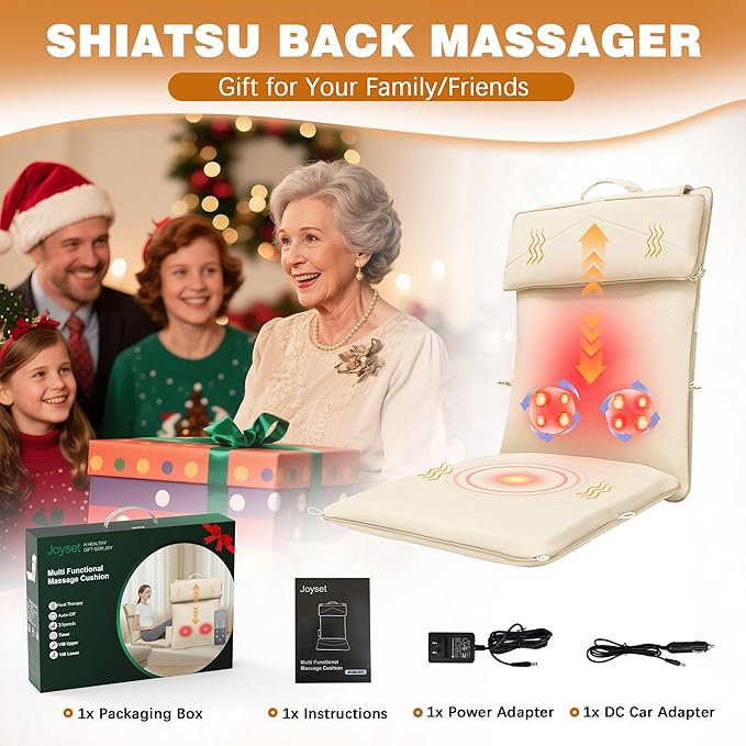Joyset Shiatsu Neck and Back Massager for Chair,Rolling Up and Down Back Massager with Heat,4D Kneading for Pain Relief Deep Tissue,Portable Spot Massage Chair Pad Gifts for Dad,Mom,Friend