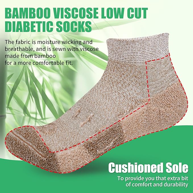 Diabetic Socks for Men,4 & 6 Pairs Low Cut Bamboo Viscose Wide Mens Diabetic Socks Size 9-11 10-13