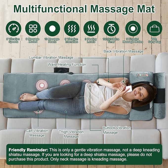 Full Body Massage Mat with Heat, 10 Vibration Nodes Massage Chair Pad with 3 Heating Levels , Multifunctional Full Body Relaxation Seat Back Massager with Head Neck Foot Massage Pillow for Home Office