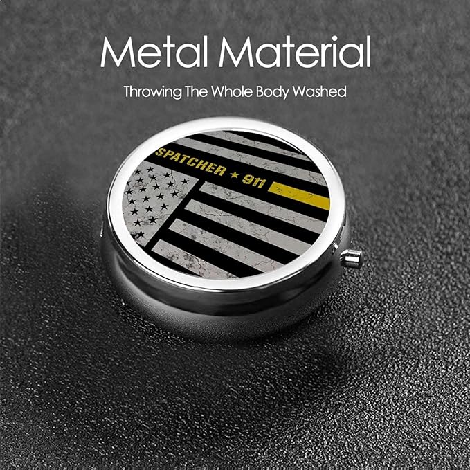 Round Pill Organizer, Portable Travel Pill Case, Purse Pill Box Hold for Pills, Jewelry, Beads, Paper Clips, Dispatcher Gold Flag Black