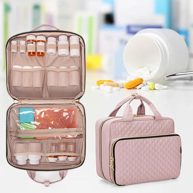 Damero Pill Bottle Organizer Bag, Travel Medicine Bag Organizer, Medicine Organizer and Storage for Pills, Vitamin, Fish Oil, Medical Supplements for Women and Men, Misty Rose