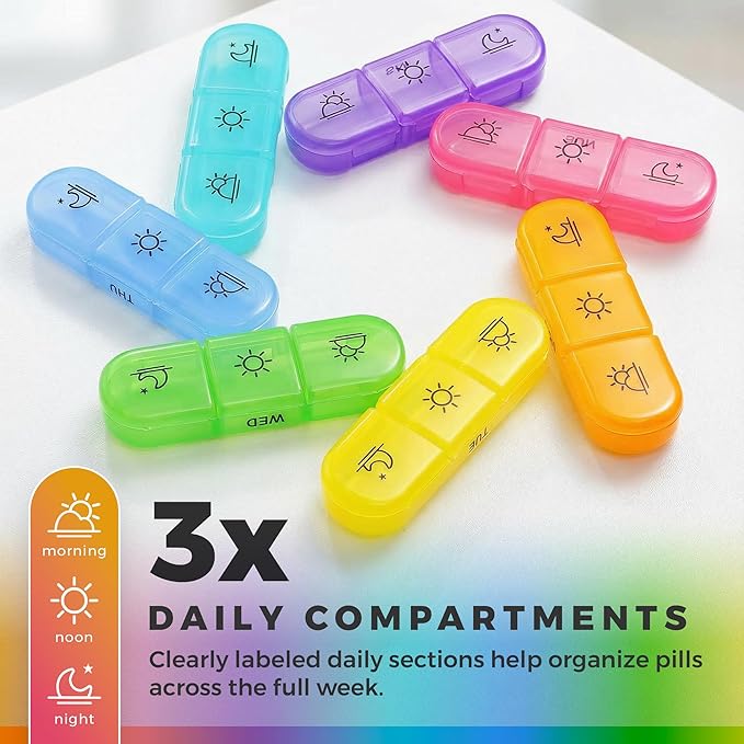 Weekly 3 Times a Day Pill Organizer - Large 7 Day Medicine Planner with Separate Daily Containers, Clear Storage Case, Easy Open Lids, Travel Pill Box for Vitamins, Supplements & Medication, Rainbow