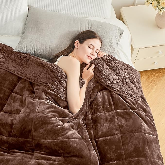 Cottonblue Weighted Blanket for Adults 20lbs Queen Size 60x80 in, Cozy Flannel Sherpa Fleece Weighted Throw Blankets Comfortable for Calming and Relax, Shaggy Bed Sofa Heavy Blankets, Chocolate Brown