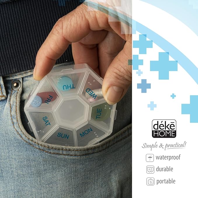 Deke Home - Medicine Pill Organizer with Braille Labeling (2 Pack), 14 Day Pill Boxes, Clear Lids, 2 Week Pill Organizer, Weekly Organizer for Medication Management, Compact, Easy Viewing