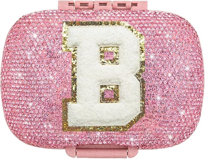 Cute Pill Organizer Small Bling Pill Case for Purse Medicine Vitamin Container Holder Daily Pill Box Container for Women Travel Medicine Kit(Letter B Pink)